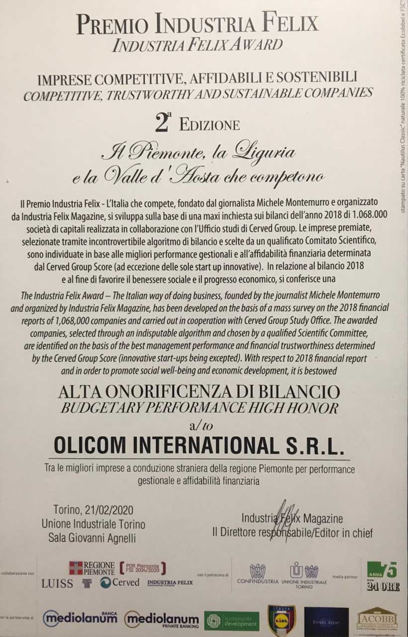 OLICOM INTERNATIONAL AWARDED AS OUSTANDING MANAGERIAL AND FINANCIAL PERFORMANCES